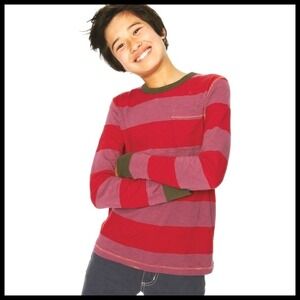 Johnnie B Boden Red Pink Stripe Cotton Long Sleeve Pocket Shirt Top Unisex 11-12